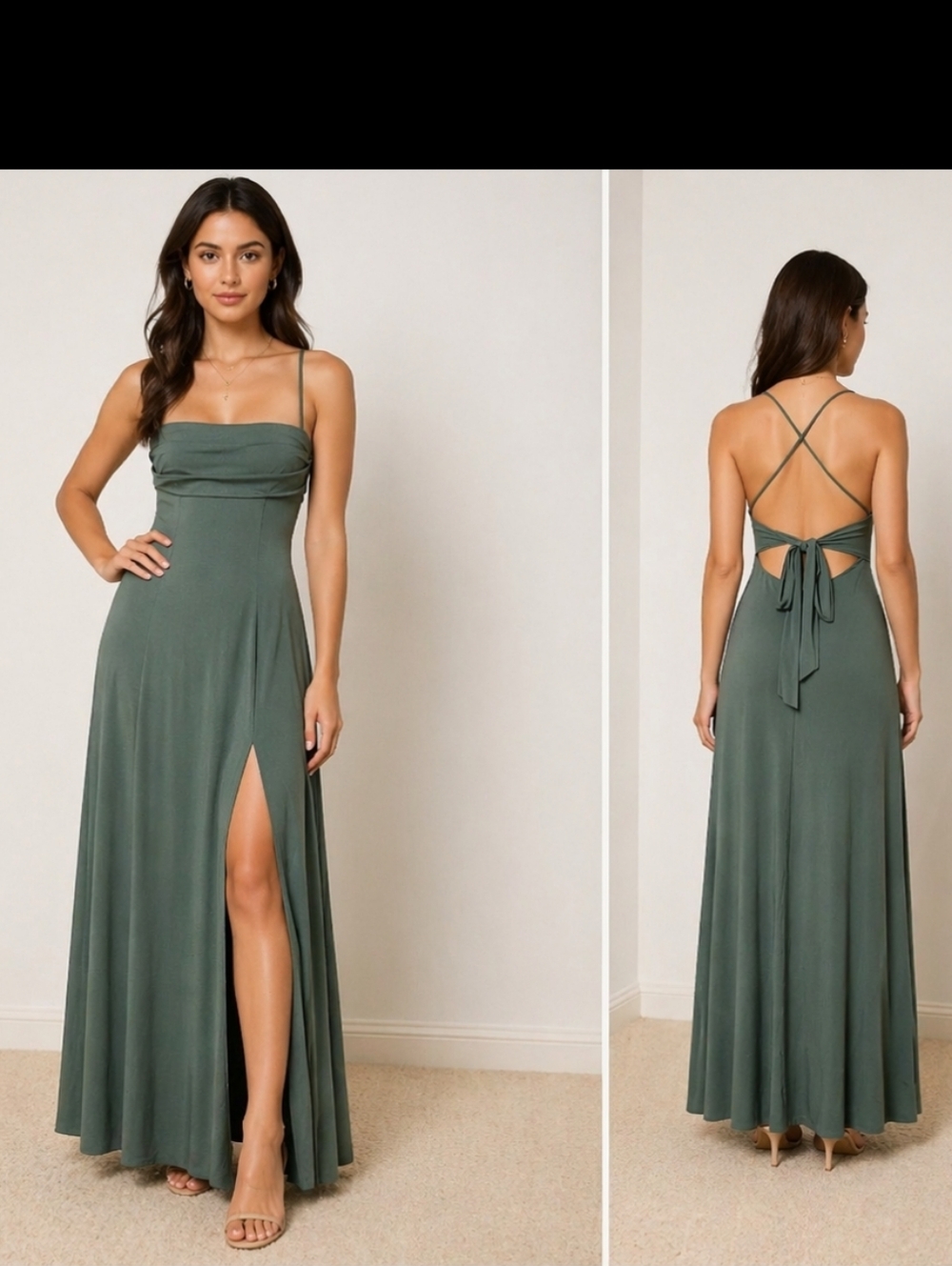 Azazie S4 Sage Green Maxi Dress W Front Slit Open Back Bow Detail Front Slit